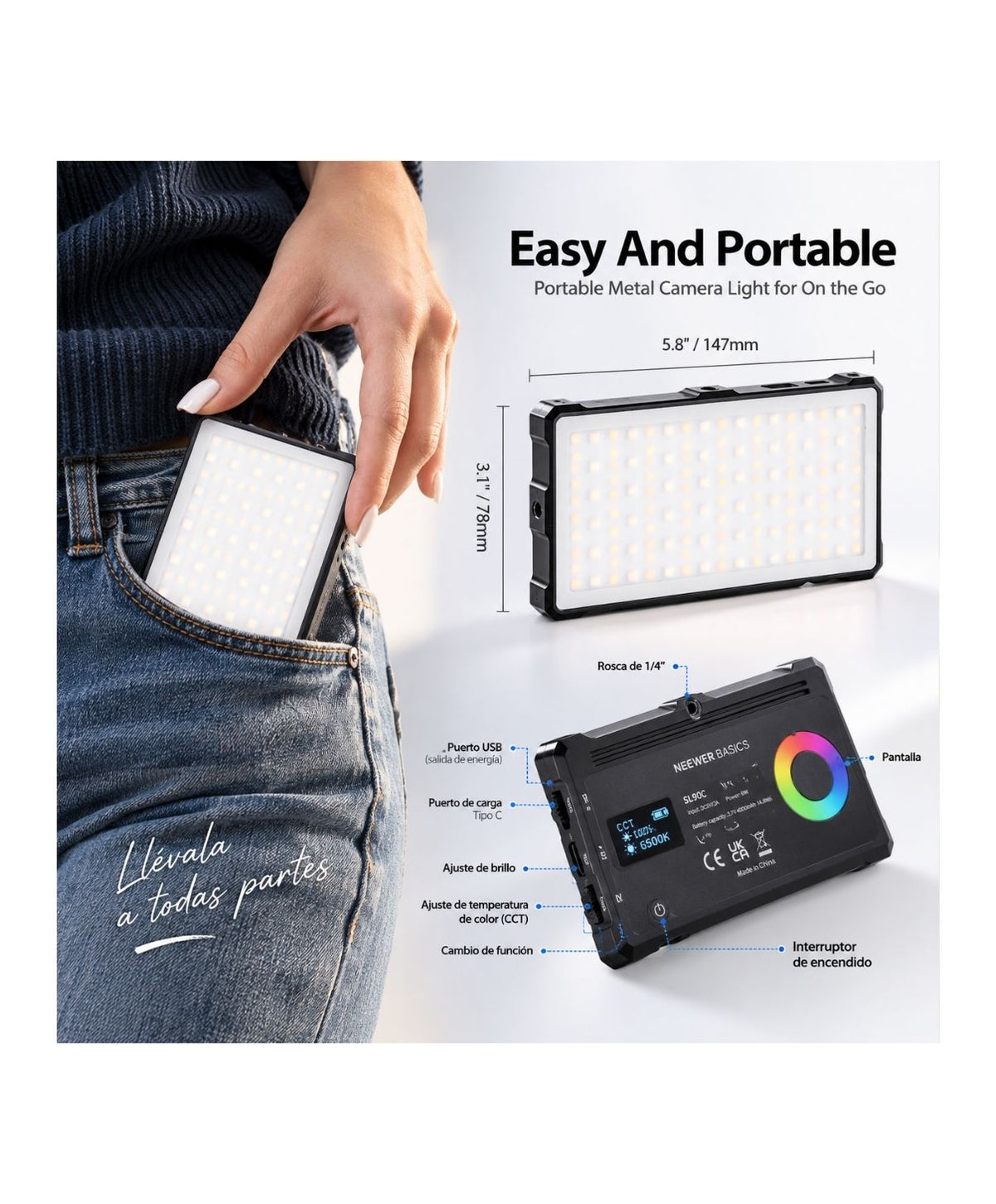 Panel LED RGB Neewer SL90C Portátil 12W
