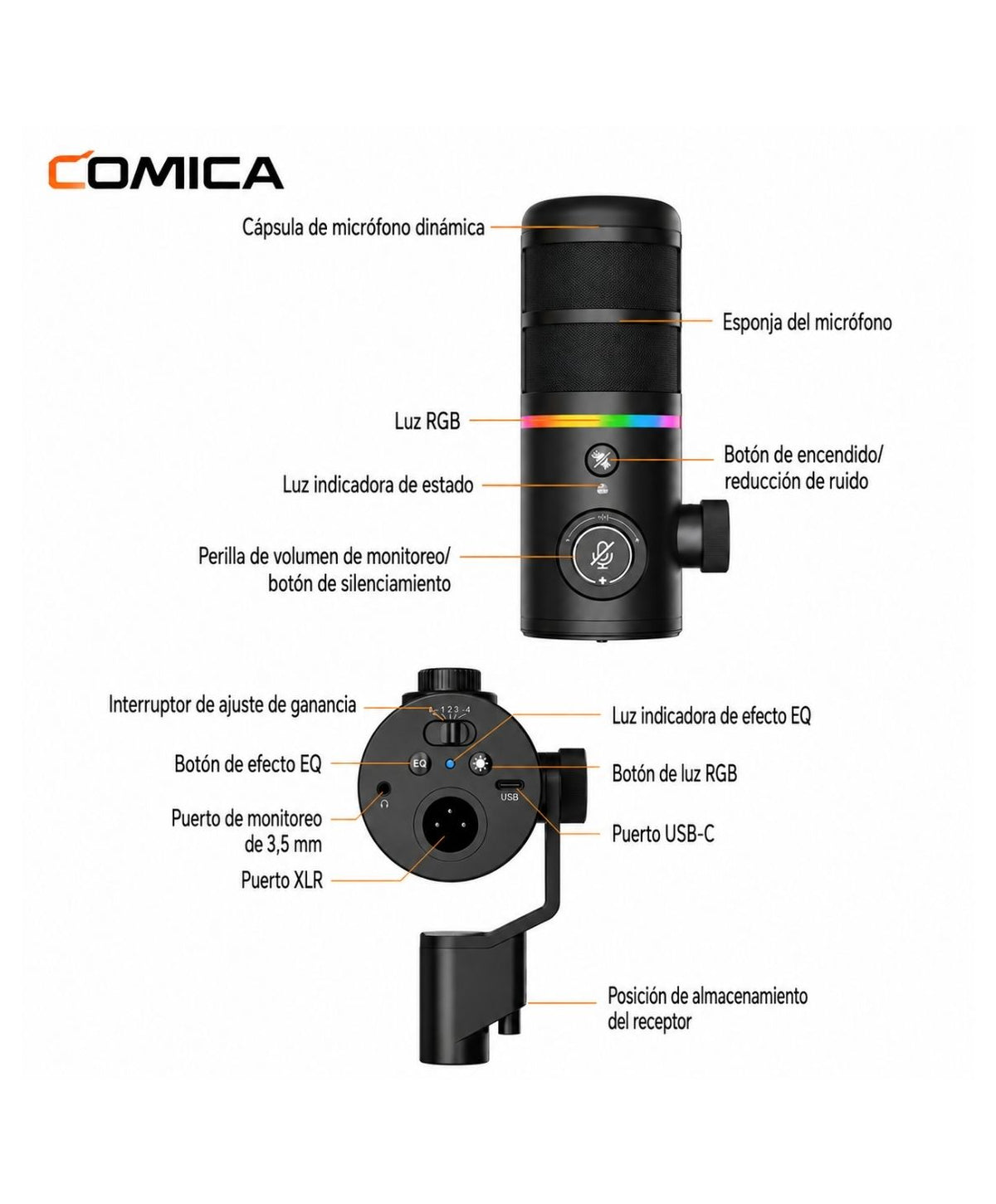Comica Ejoy D10 Pro — Micrófono Dinámico Inalámbrico RGB Negro